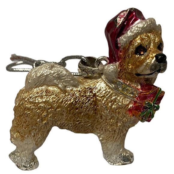 Dog Terrier Red Hat Rhinestone Necklace Gift Enamel Christmas Ornament